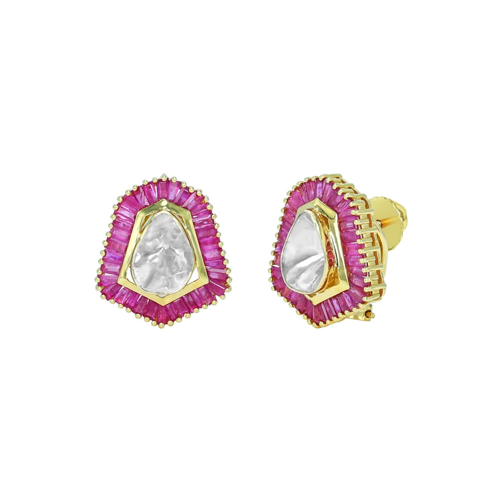 Geometric Polki Stud Earrings with Ruby Baguette Halo